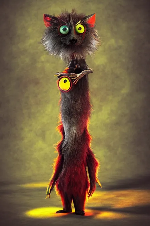 Prompt: 3 d model of adorable scary evil vibrant colored furry monster with glowing eyes by alexander jansson : 1 | centered, psychedelic, colorful, matte background : 0. 9 | by jim henson : 0. 7 | dave melvin : 0. 4 | unreal engine, deviantart, artstation, octane, finalrender, concept art, hd, 8 k resolution : 0. 8