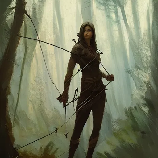 Image similar to fantasy art of a female forest archer in the style of greg rutkowski, detailed, cinematic, poster