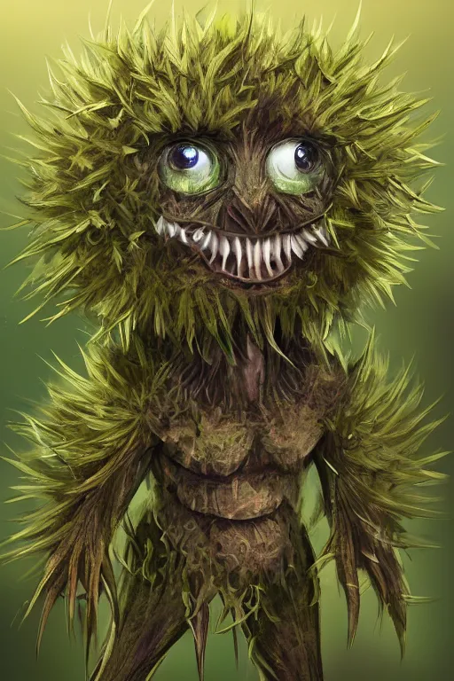 Prompt: a humanoid figure dandelion moss plant monster thistle armour, large eyes and menacing smile, highly detailed, digital art, sharp focus, trending on art station, anime art style