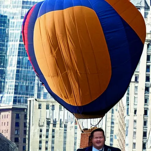 Image similar to Andy Richter wearing a brown suit and necktie floating in a hot air balloon about nyc