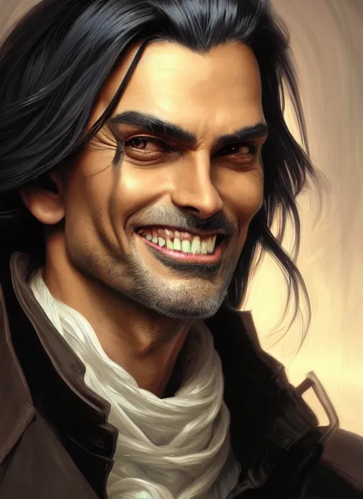 Image similar to Close-up portrait of tanned evil male alchemist with long black greying slicked hair, unsettling grin, trench coat with many pockets, portrait, highly detailed, digital painting, artstation, concept art, sharp focus, illustration, art by artgerm and greg rutkowski and alphonse mucha