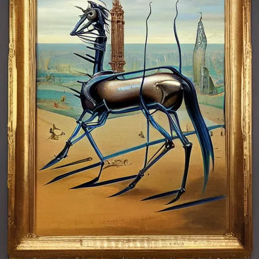 Prompt: an extremely long and spindly mechanical horse in a futuristic victorian city, oil painting, style of salvador dali and richard dadd