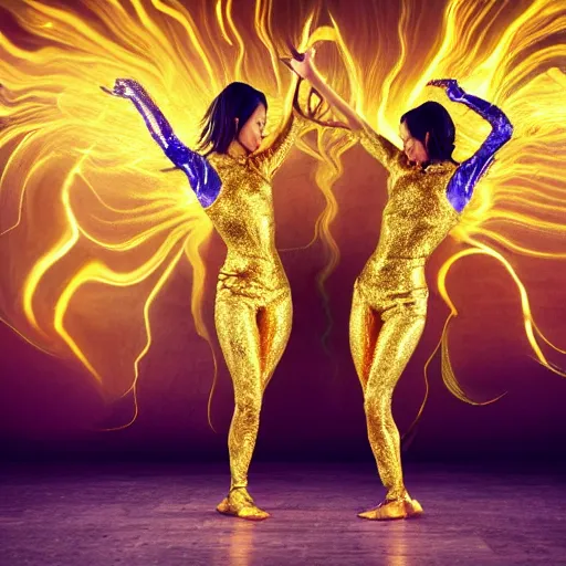 Prompt: two asian girls dancing, liquid golden and black fluid, magic hour, dramatic light, liquid painting, golden bodypaint, yellow and blue lightning, world best photography, indian patterns, bokeh, golden jewelry filigree, body detaily, ornaments, fresco by michaelangelo, golden rays, god rays, epic cinematic wallpaper