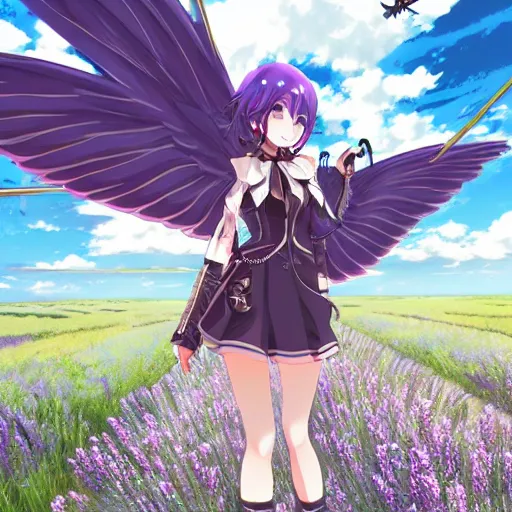 Prompt: anime girl with metal wings and steampunk weapons flying over a grassy field with flowers, extremely detailed, beautiful, anime, studio ghibli, cinematic lighting, high angle, view from behind, grass, clouds, sunny, trees, lavender flowers, river, lush,
