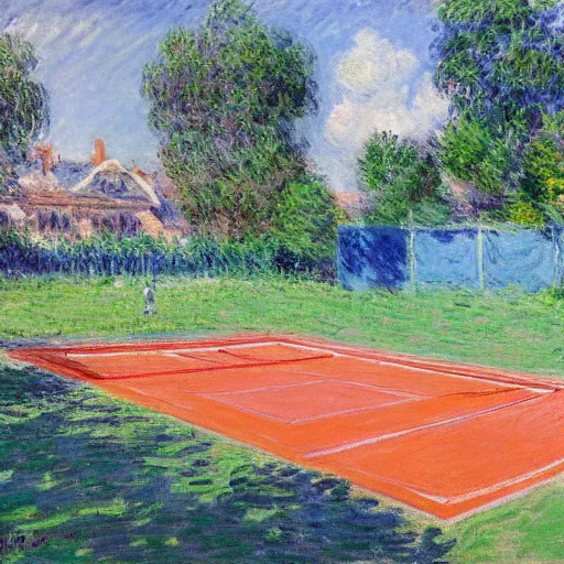 Image similar to tennis court, art by claude monet, impressionism, oil painting, bright colors, advertising painting