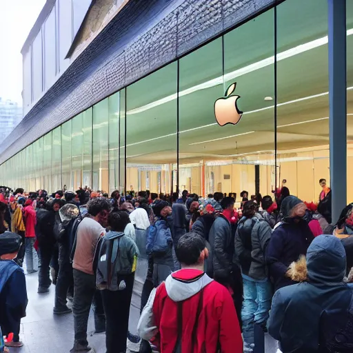 Image similar to a photo of a long line of people, outside an apple store, waiting to buy the latest apple product, city environment, morning, rainy weather, crowded streets, volumetric lighting, hyper realistic, ultra detailed, 8 k