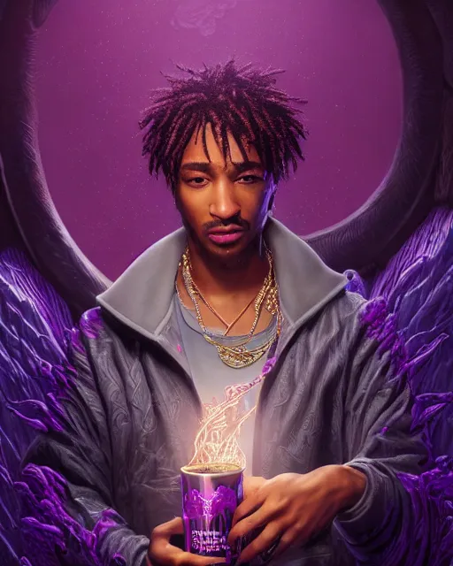 Image similar to future the rapper holding cup of codeine, accurate details, detailed face, purple liquid in cup glowing, fantasy, dramatic, intricate, elegant, highly detailed, digital painting, artstation, concept art, smooth, sharp focus, illustration, art by Gustave Dore, octane render