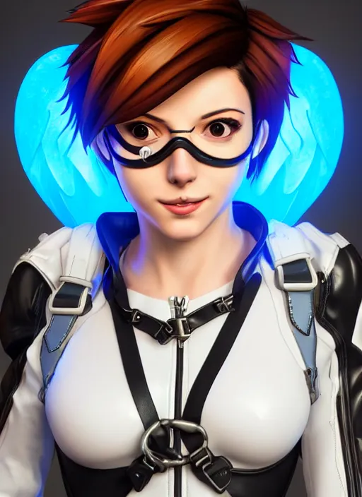 Image similar to portrait bust digital artwork of tracer overwatch, wearing white iridescent rainbow latex and leather straps catsuit outfit, 4 k, expressive happy smug expression, makeup, in style of mark arian, angel wings, wearing detailed black leather collar, chains, black leather harness, detailed face and eyes,
