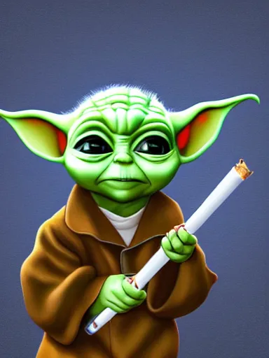 Image similar to baby yoda smocking a joint cigarette, weed, digital painting, artstation, highly detailed