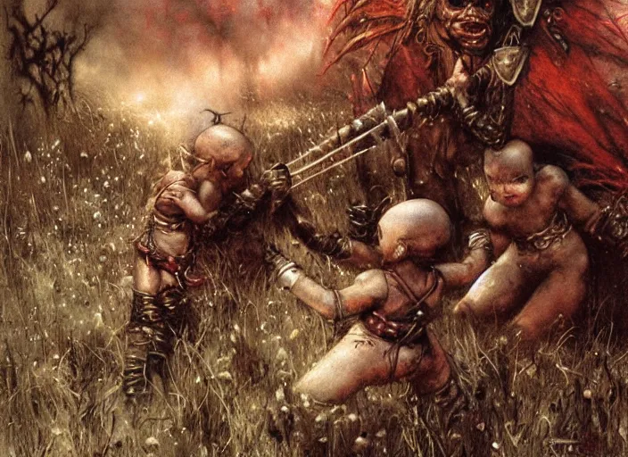 Prompt: bald barbarian girl fighting small cute goblins by Luis Royo and Beksinski