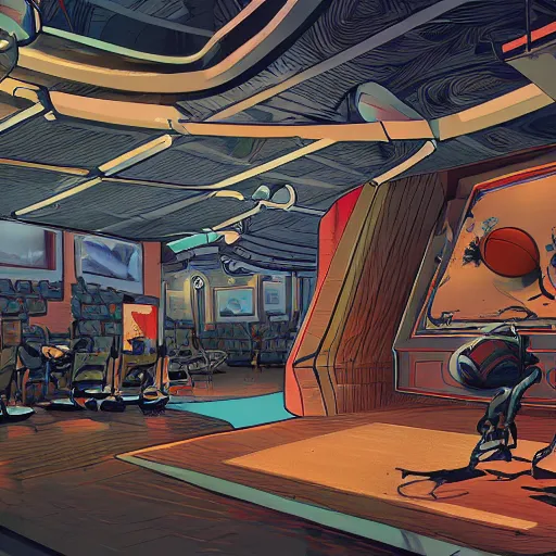 Image similar to sports news studio, concept art, wide lens, cinematic composition, iterior, detail by james jean