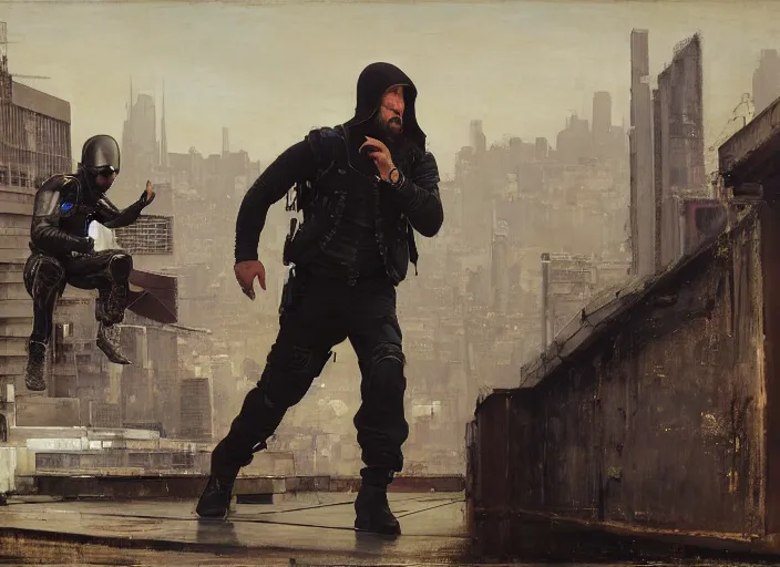 Image similar to Greg evades sgt Nash. Cyberpunk hacker in jumpsuit escaping menacing police troopers (blade runner 2049). bearded face. rooftop free running. Iranian orientalist portrait by john william waterhouse and Edwin Longsden Long and Theodore Ralli and Nasreddine Dinet, oil on canvas. Cinematic, hyper realism, realistic proportions, dramatic lighting, high detail 4k