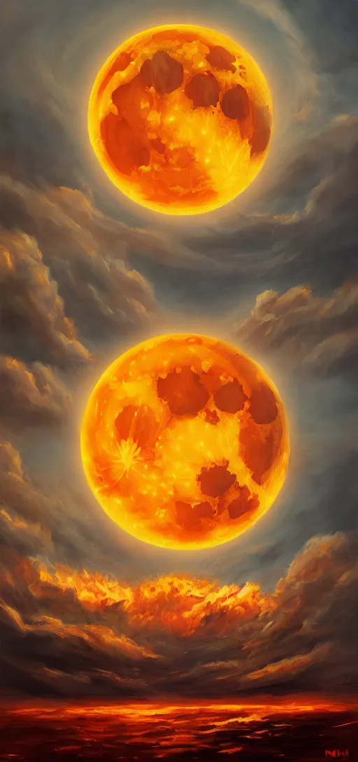 Image similar to fire moon, oil Painting, ultradetailed, artstation, ultradetailed, digital Painting,