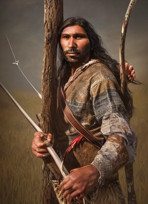 Image similar to portrait painting of a 3 0 year old rugged indigenous aboriginal male, hunting clothing, bow and arrow, long hair, rugged, unreal render cinematic lighting, rutkowski