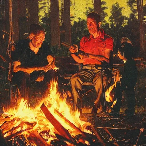 Prompt: a chair burning in a campfire, its night and in the background there is a scientist watching, norman rockwell artwork