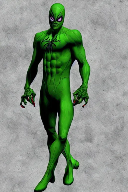 Image similar to a cross between spider man and green goblin