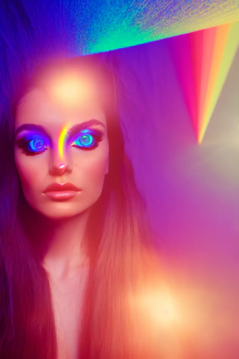 Image similar to goldenhour selfie photo of a stunningly beautiful model with large symmetrical violet eyes and flowing iridescent hair, rainbow light spectrum caustics and shadows cast by the blinds