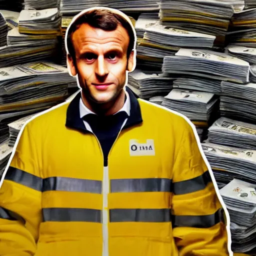 Prompt: photo of Emmanuel macron in a yellow hazmat in front of a big pile of cash on a table, bulb lighting, cinematic