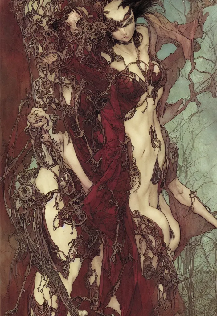 Image similar to drawing of a beautiful vampire woman, armor plates, by marc simonetti and brian froud and mike mignola and alfons maria mucha and peter mohrbacher, hyperdetailed