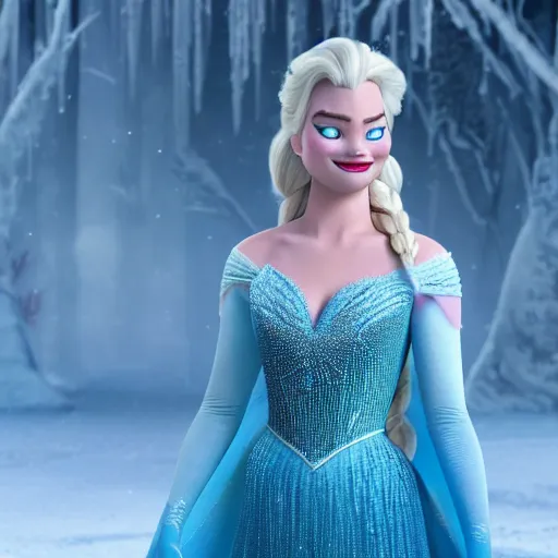 Image similar to Margot Robbie as Elsa in disney frozen live action, 8k full HD photo, cinematic lighting, anatomically correct, oscar award winning, action filled, correct eye placement,