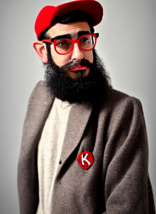 Prompt: kodak portra 4 0 0, 8 k, highly detailed, britt marling style, color studio - portrait of a young ducktail bearded moroccan american male with black wayfarer glasses and red baseball hat, black hair, muted colors, up face with 1 9 2 0's hairstyle and cloth style, asymmetrical, hasselblad