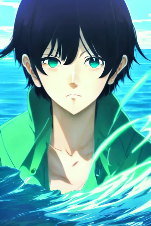 Image similar to makoto shinkai, artgerm, ilya kuvshinov, beautiful anime women with green dress, long blue hair, water powers water swirling, symmetrical face, symmetrical eyes, detailed, beach setting, cinematic lighting