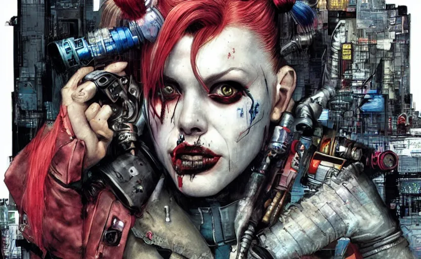 Image similar to a dream portrait of cyberpunk Harley Quinn in post apocalyptic Gotham art by Paul Dini, Travis Charest, Simon Bisley