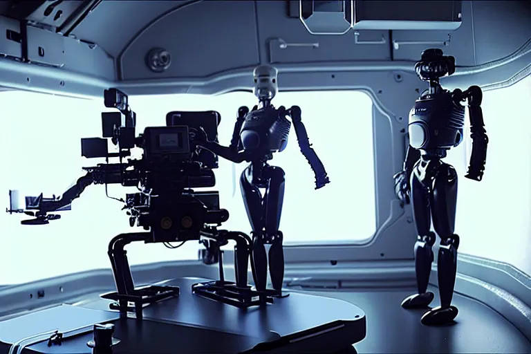 Image similar to vfx film, behind the scenes, on location, set design, making of, big film production, cinematographer filming futuristic tesla humanoid robots, high tech space ship interior, flat color profile low - key lighting award winning photography arri alexa cinematography, hyper real photorealistic cinematic, atmospheric cool colorgrade