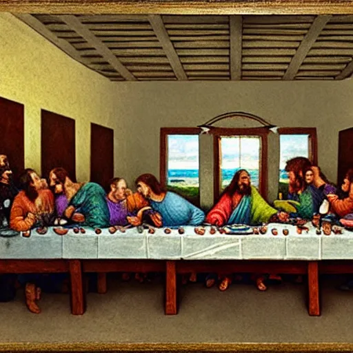 Prompt: The Last Supper if the attendees were members of the Minions movie, wide angle, high detail, somber, artist is Frank Weston Benson,