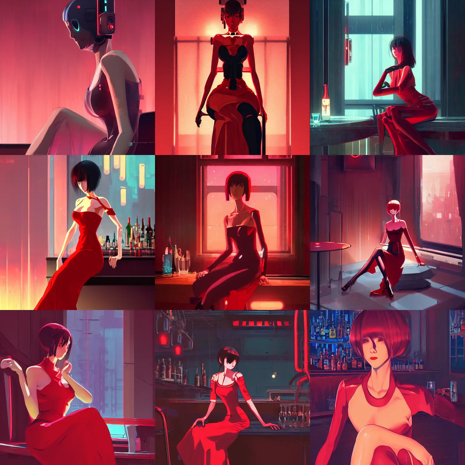 Prompt: gynoid wearing a red evening dress sitting in a cyberpunk bar, finely illustrated face, highly detailed, digital painting, studio ghibli key visual, in the style of ilya kuvshinov and krenz cushart