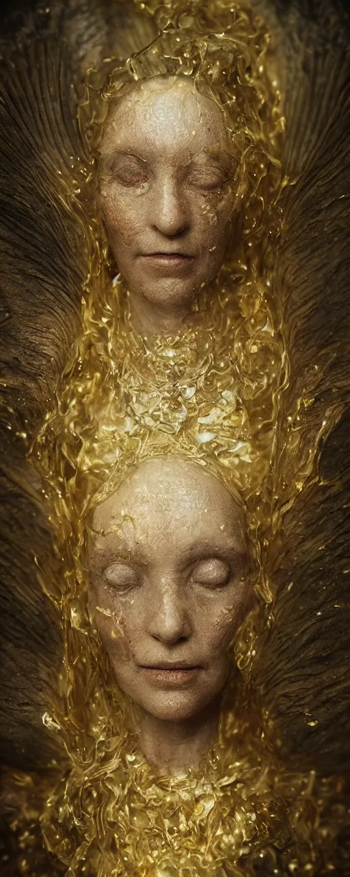 Prompt: Surreal portrait of a beautiful old goddess floating, Liquid gold simulation in background, ancient fairy dust, ultra super good realistic 3D render by Pete Morbacher and Emil Melmoth, insanely detailed, trending on artstation, sharp focus