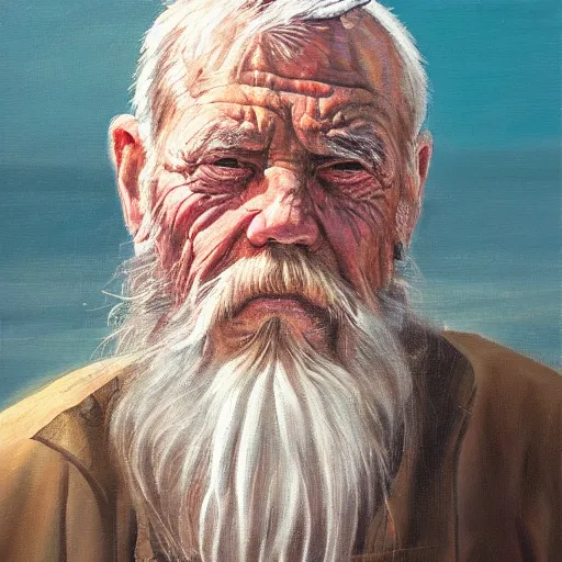 Prompt: realistic portrait painting of a wizened wrinkled old bearded fisherman, centered composition, oil on canvas