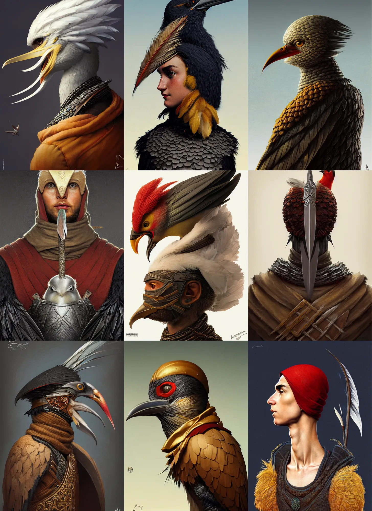 Prompt: rpg! profile! portrait of humanoid bird on white background, beak, feathers, ninja, rogue armor, cloak, intricate, highly detailed, digital painting, artstation, concept art, smooth, sharp focus, illustration, art by norman rockwell emiliano ponzi andrey remnev yoann lossel aaron jasinski, 8 k