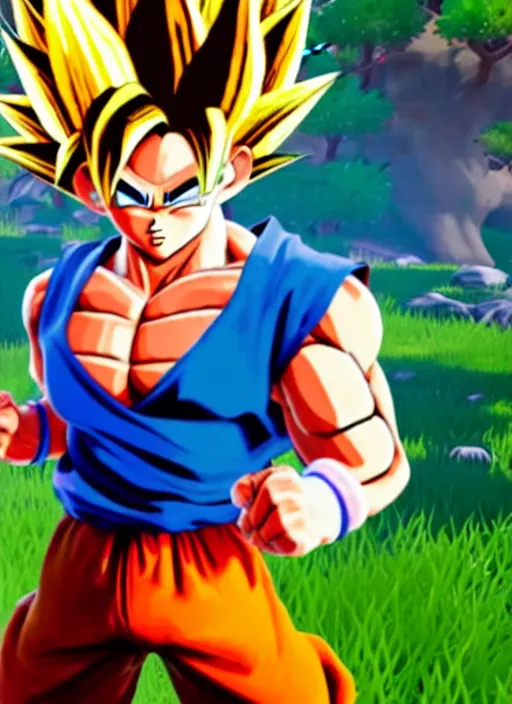 Image similar to game still of a sayan goku as a fortnite skin in fortnite by fortnite, pose.