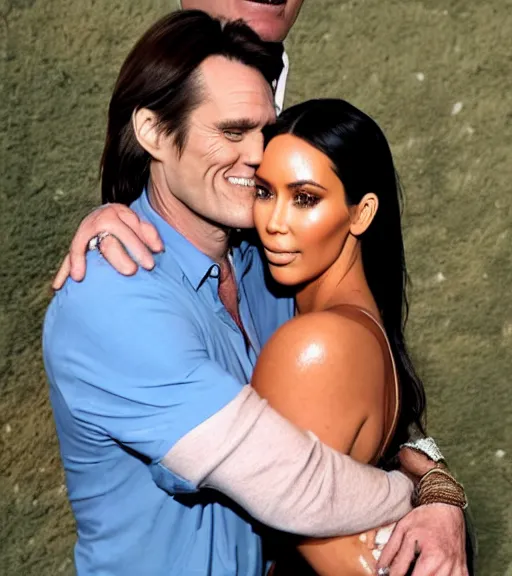 Prompt: jim carrey hugging kim kardashian as he holds her waist, on a scenic hill