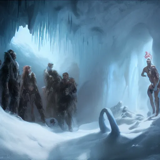Image similar to devil posing in the ice cave. greg rutkowski. boris vallejo. color grading lut 3 8 4 0 x 2 1 6 0