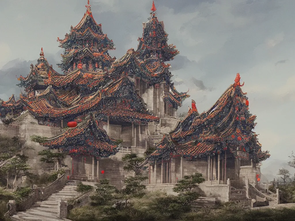 Image similar to A beautiful landscape painting of a Chinese traditional Gothic church, trending on artstation