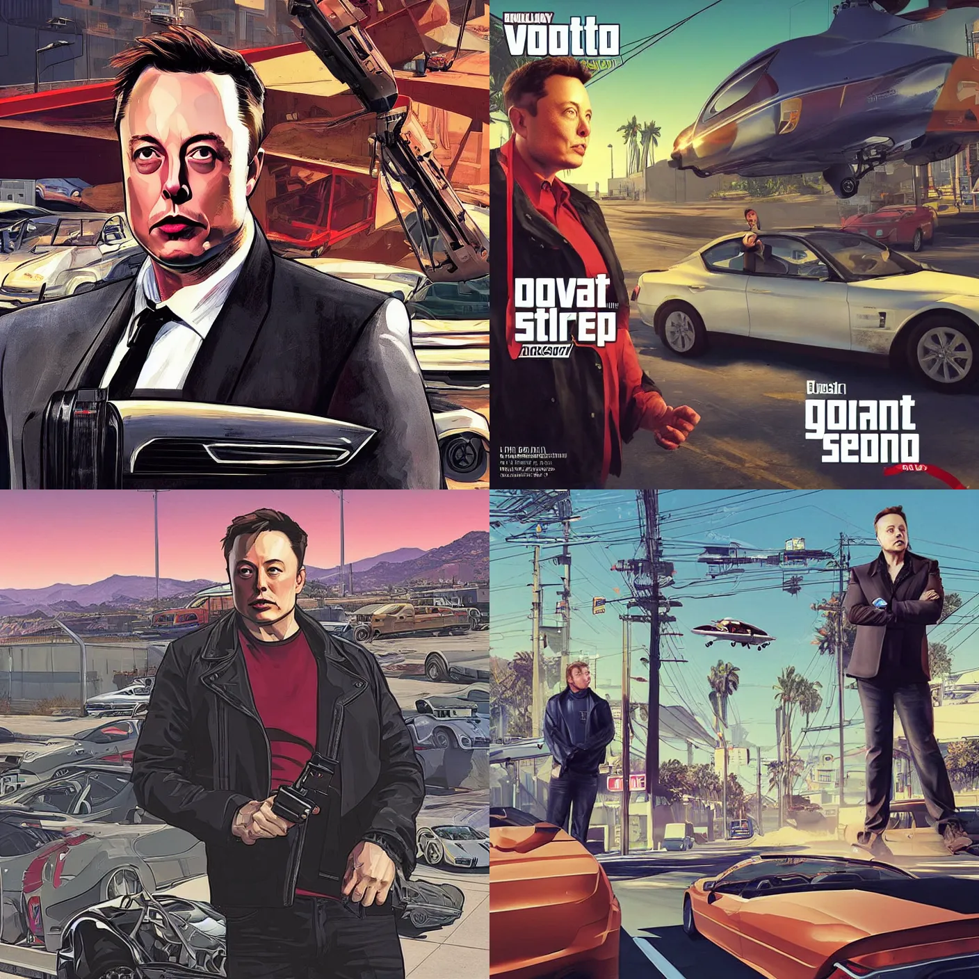 Prompt: “Elon Musk in GTA V, Cover art by Stephen Bliss, Boxart, loading screen”