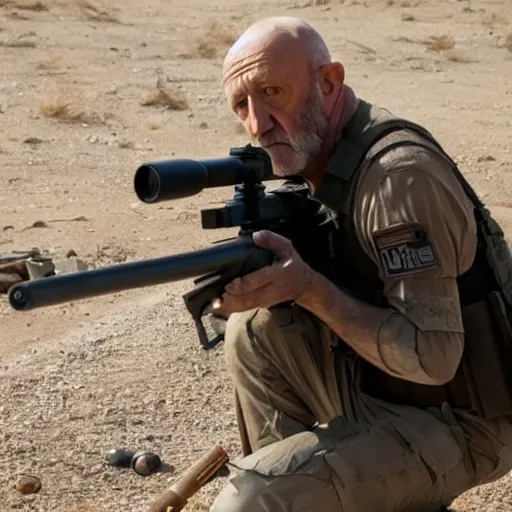 Image similar to Film still of Mike Ehrmantraut in American Sniper aiming with a sniper rifle, 4k, highly detailed