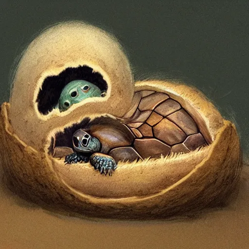 Image similar to soulful long shot of a very cute furry turtle baby nesting in a shell, by esao andrews, by james jean, by m. w. kaluta, very humorous illustration, big depth of field, perspective perception, volumetric light, warm cosy colors, night scenery, low light, unreal engine 5, 8 k, conceptart, hyperdetailed, hyperrealistic, trending on artstation