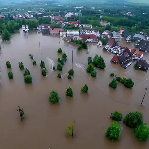 Prompt: drone footage of a small german town being flooded during a thunderstorm