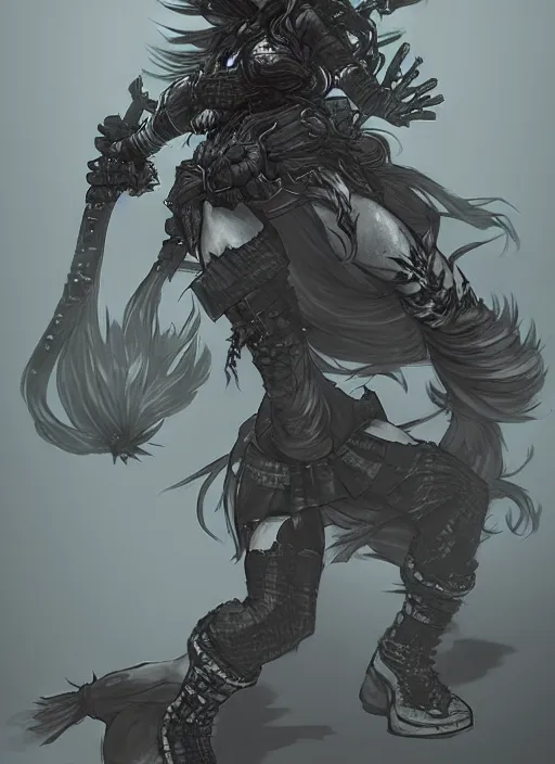 Image similar to Full body portrait of female gnoll mage wielding mystic powers. In style of Yoji Shinkawa and Hyung-tae Kim, trending on ArtStation, dark fantasy, great composition, concept art, highly detailed, dynamic pose.