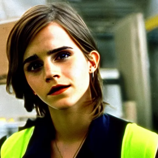 Prompt: photo, close up, emma watson in a hi vis vest, in warehouse, android cameraphone, film still from 1 9 7 4 movie, 2 6 mm,