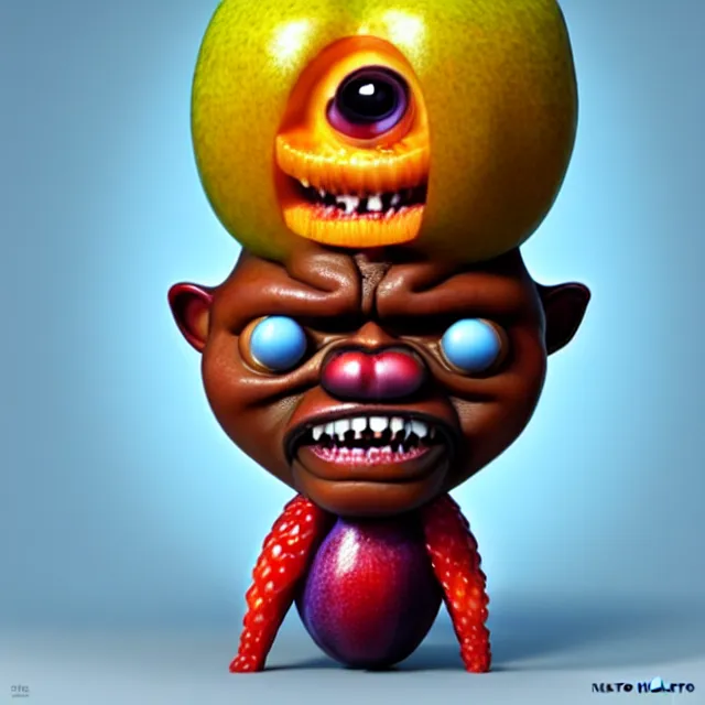 Image similar to bizarre cartoon fruit figurine that looks just like samuel l jackson as a fruit, by naoto hattori 8 k, fruit eyes, fruit world, beautiful intricate painting, hyper realistic, studio lighting, octane render