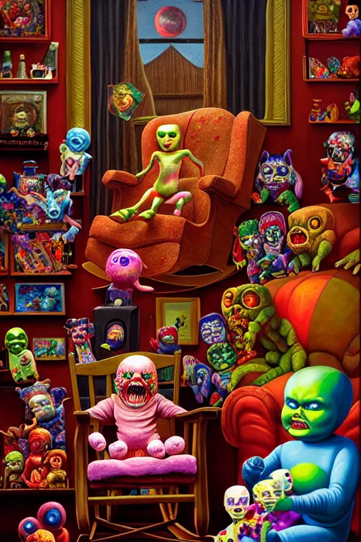 Image similar to a hyperrealistic painting of an ornate room full of evil possessed toys watching a grandma in a rocking chair, cinematic horror by chris cunningham, lisa frank, richard corben, highly detailed, vivid color,