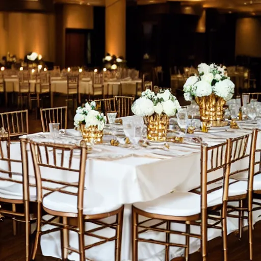 Prompt: walnut, gold, and white themed wedding reception