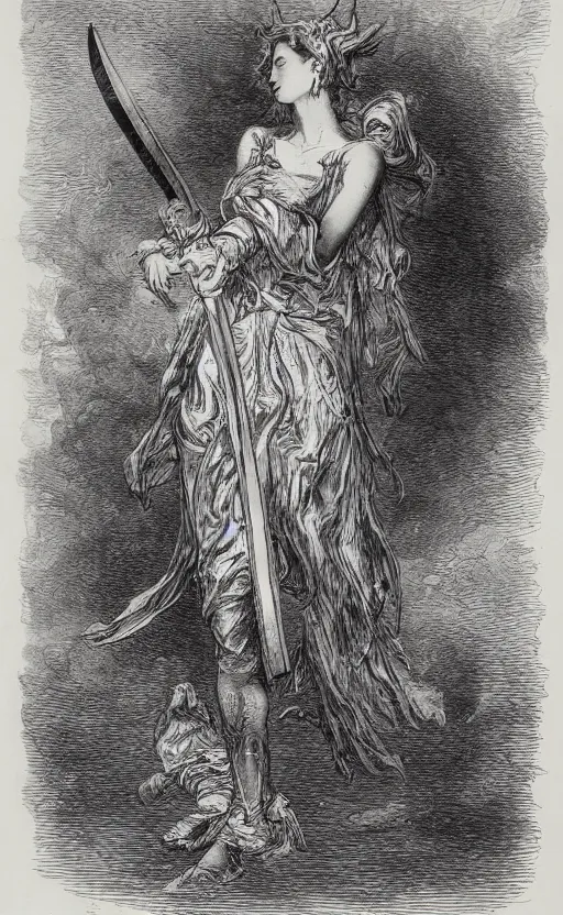 Prompt: a collaboration between gustave doré and karel appel featuring a magical girl with a claymore sword