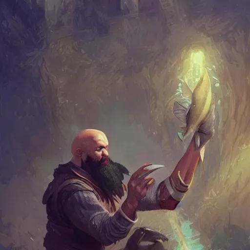 Image similar to wow! fanart young black bearded and bald man with a fish in his hand, d & d, high fantasy, detailed, digital art, artstation, smooth, sharp focus, art by artgerm, greg rutkowski, alphonse mucha