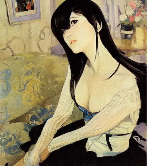 Prompt: valentin serov painting of an anime woman