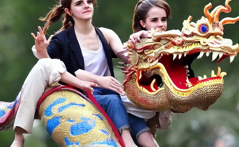 Image similar to Emma Watson riding a Chinese dragon